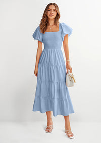 PRETTYGARDEN Women's Summer Casual Midi Dress Puffy Short Sleeve Square Neck Smocked Tiered Ruffle Dresses