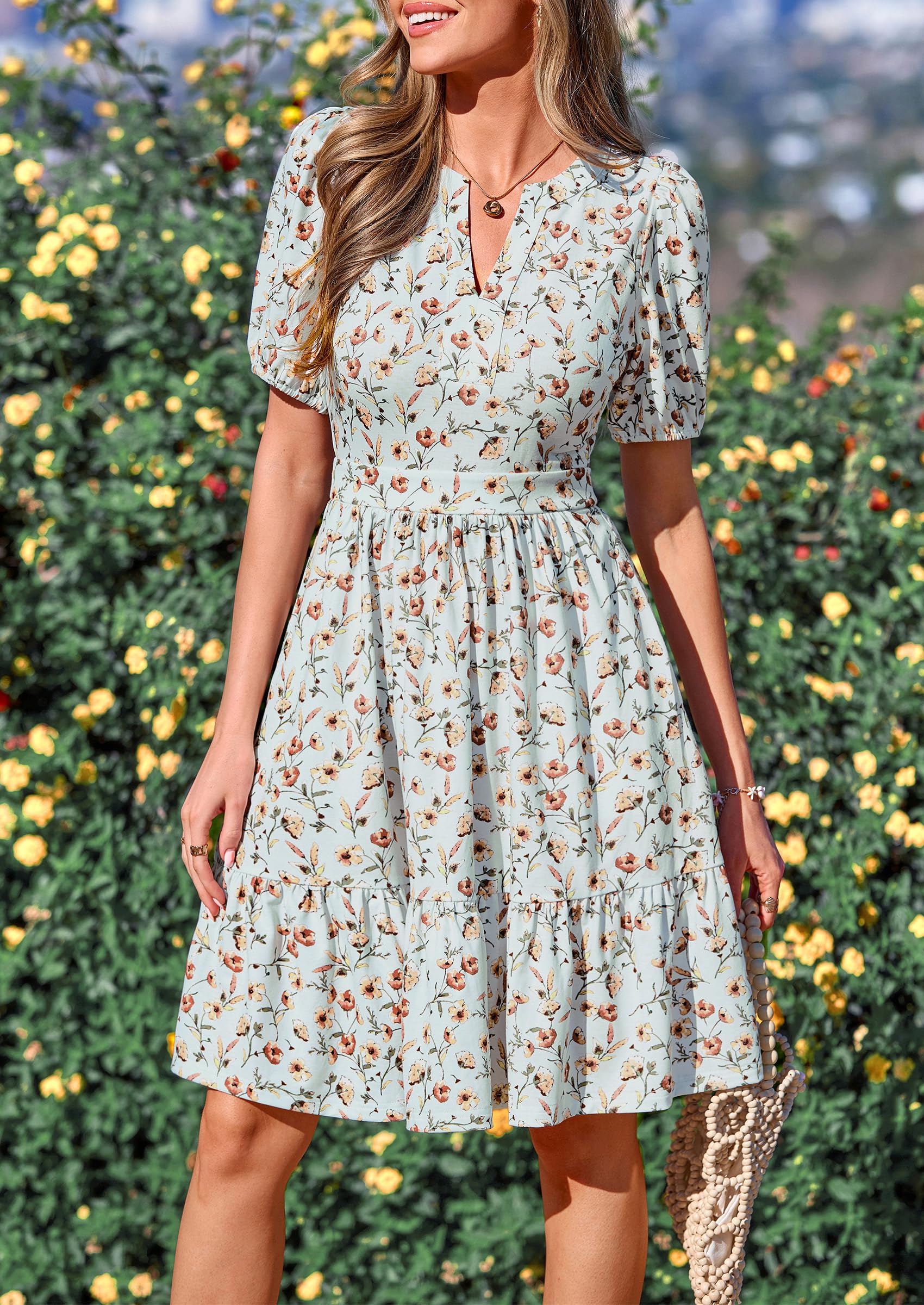 PRETTYGARDEN Womens Summer Casaul Short Dresses Floral V Neck Puff Sleeve Boho A Line Flowy Mini Beach Vacation Dress