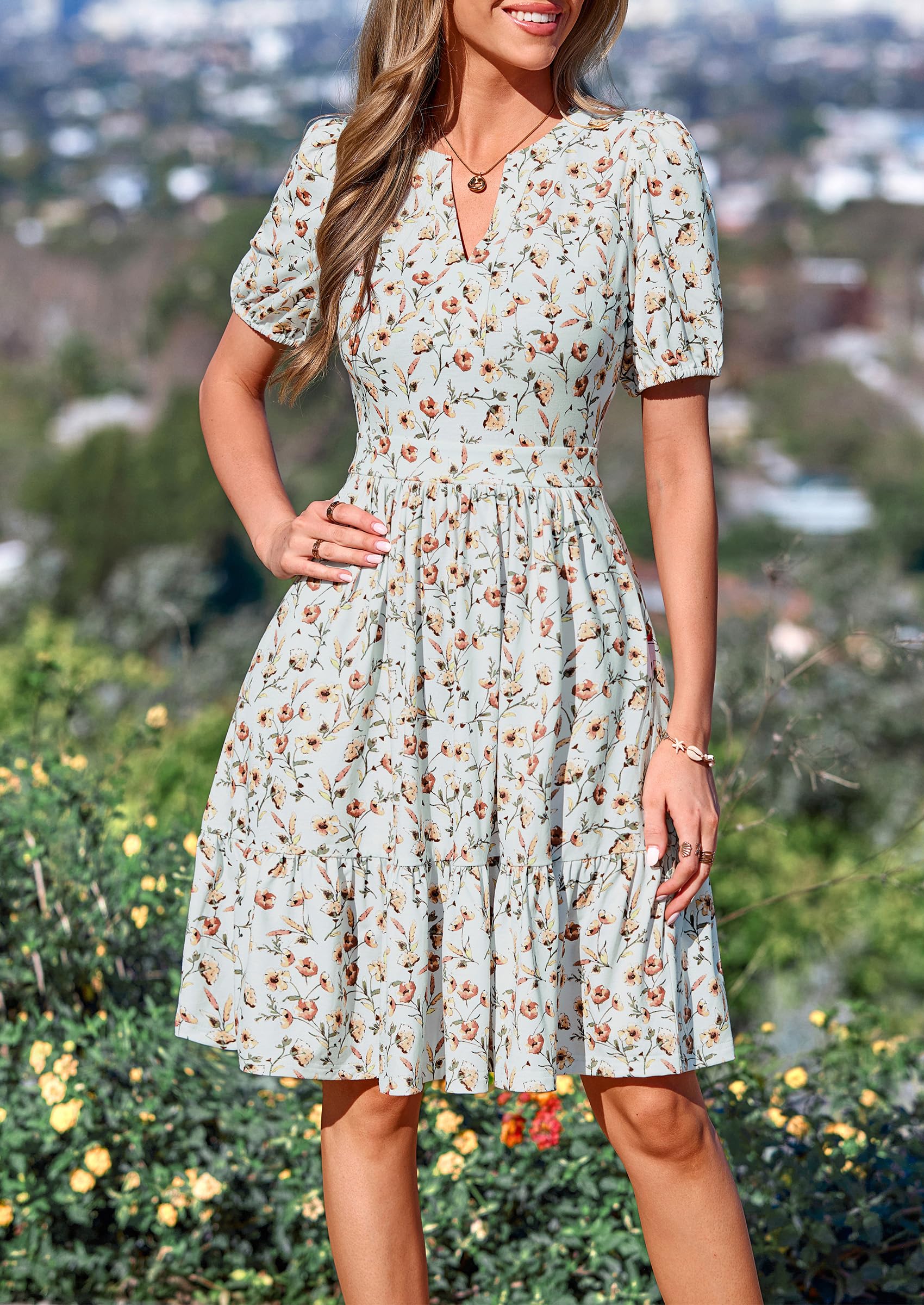 PRETTYGARDEN Womens Summer Casaul Short Dresses Floral V Neck Puff Sleeve Boho A Line Flowy Mini Beach Vacation Dress
