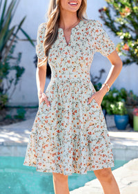 PRETTYGARDEN Womens Summer Casaul Short Dresses Floral V Neck Puff Sleeve Boho A Line Flowy Mini Beach Vacation Dress