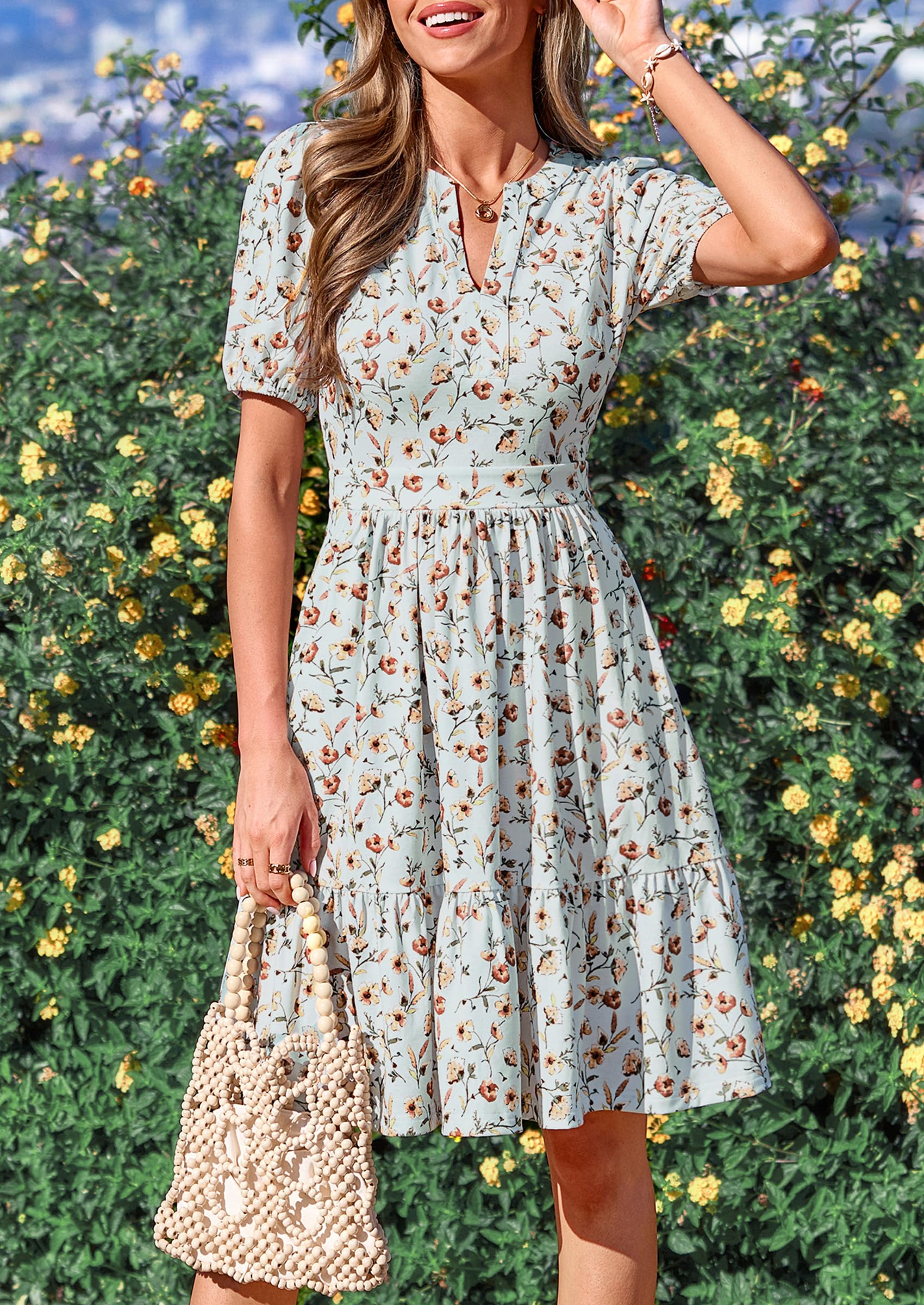 PRETTYGARDEN Womens Summer Casaul Short Dresses Floral V Neck Puff Sleeve Boho A Line Flowy Mini Beach Vacation Dress