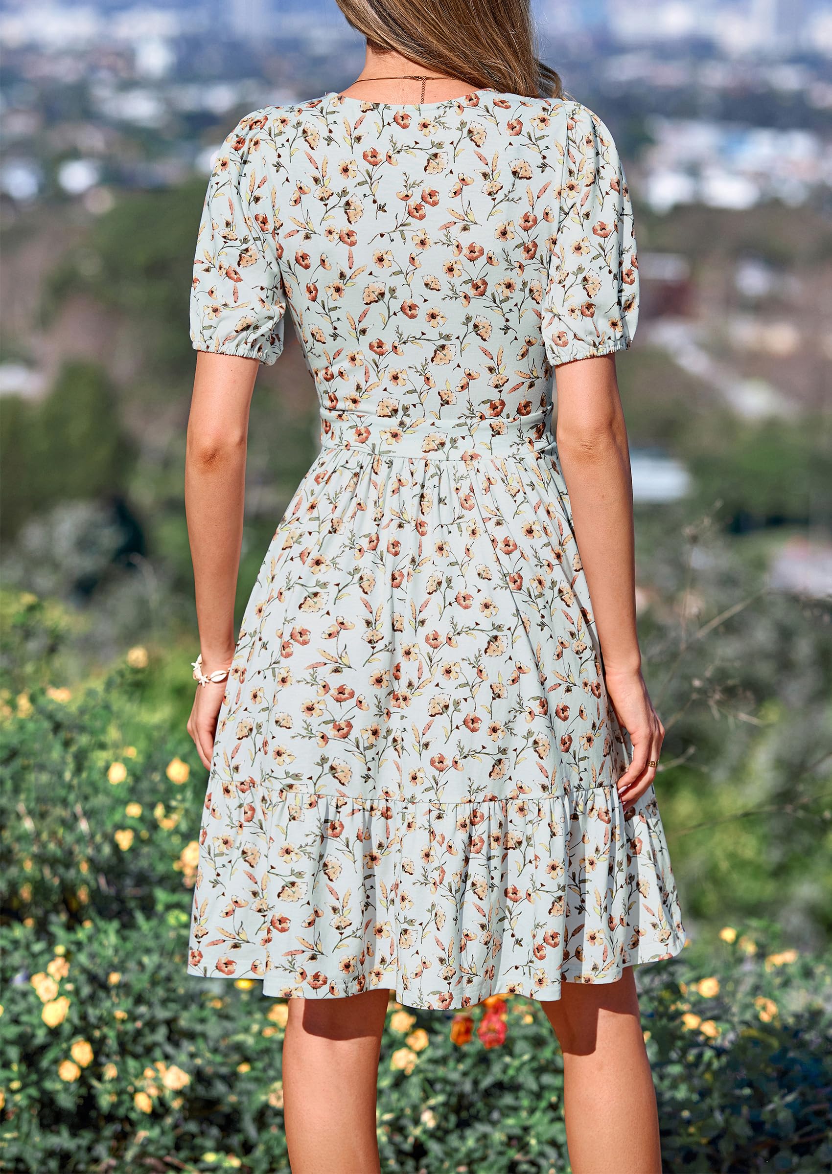 PRETTYGARDEN Womens Summer Casaul Short Dresses Floral V Neck Puff Sleeve Boho A Line Flowy Mini Beach Vacation Dress