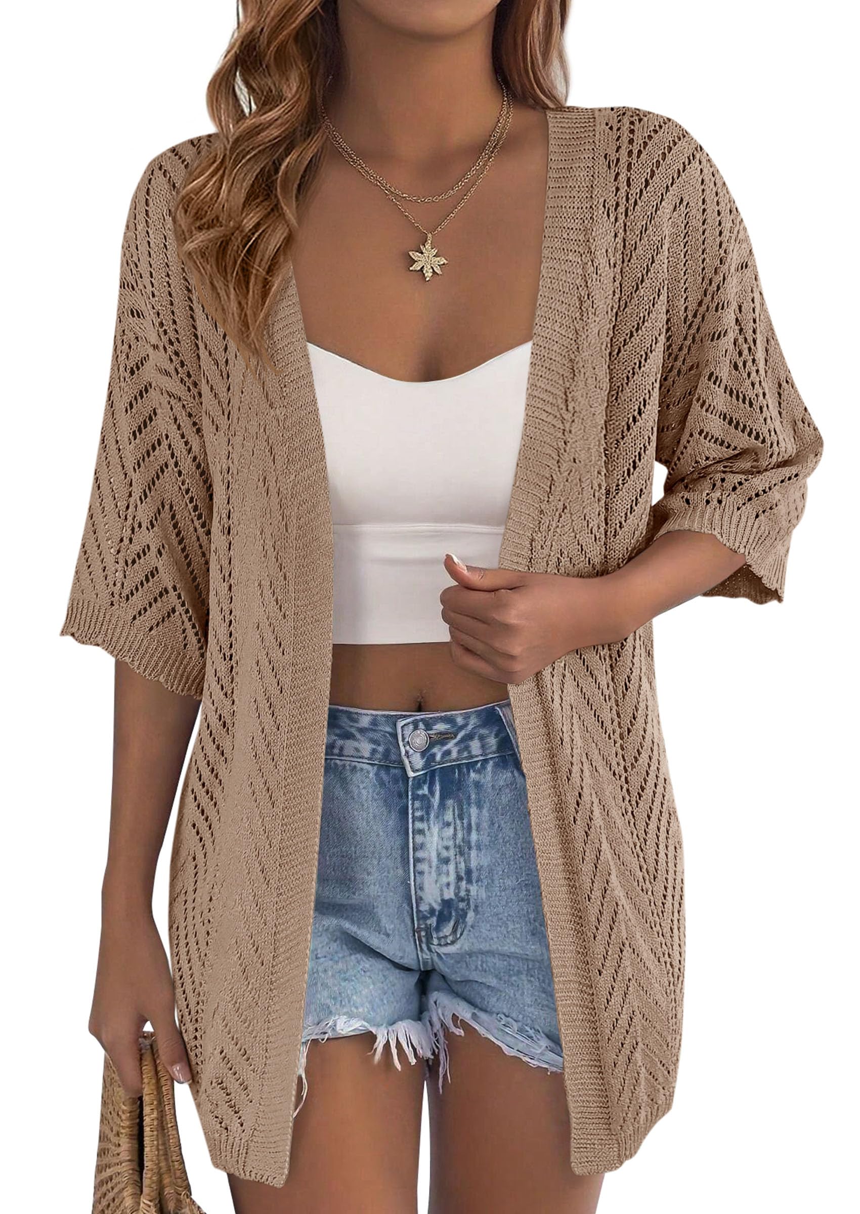 PRETTYGARDEN Summer Cardigan Sweaters for Women Lightweight  Short Sleeve Knit Coverup Spring Beach Vacation Clothes PRETTYGARDEN