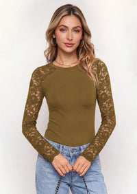PRETTYGARDEN Sheer Lace Raglan Long Sleeve Shirts for Women | Soft Stretchy Knit,See Through Floral Sleeves,Crewneck Fitted Tshirts,Daily Going Out Tops,Office Layer,Fall Fashion Clothing