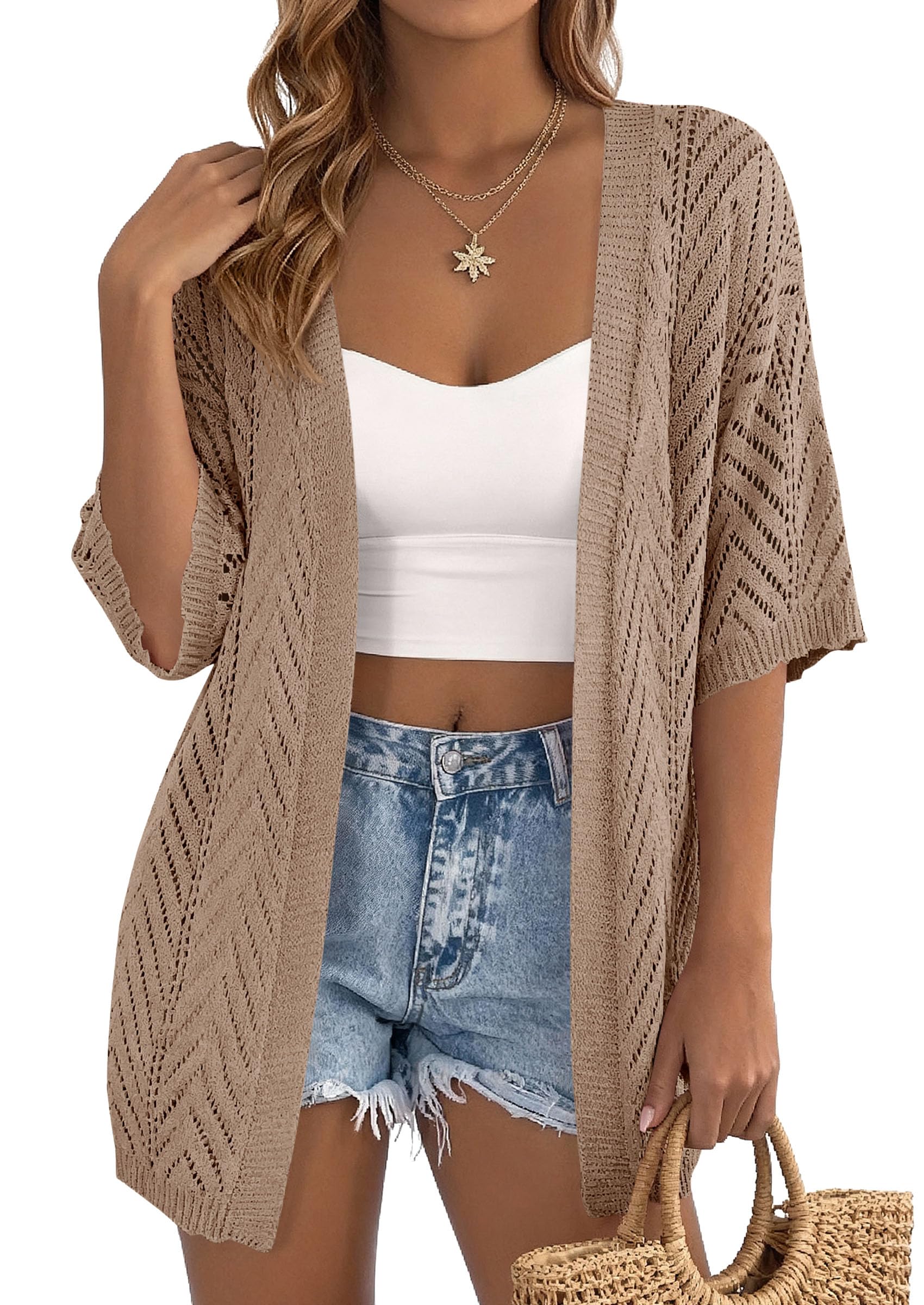 PRETTYGARDEN Summer Cardigan Sweaters for Women Lightweight  Short Sleeve Knit Coverup Spring Beach Vacation Clothes PRETTYGARDEN