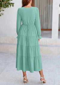 PRETTYGARDEN Women Fall Long Sleeve Smocked Maxi Dress Casual Square Neck Swiss Dot Tiered Ruffle Flowy Spring Pocket Dresses