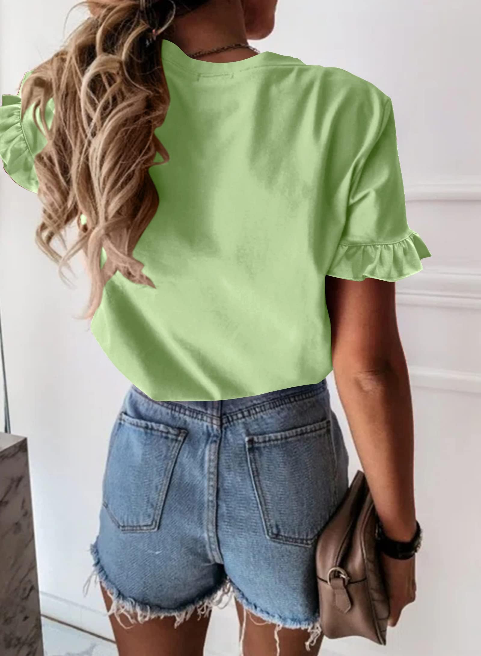 PRETTYGARDEN Women's Short Sleeve Casual T Shirts Summer Ruffle Plain Round Neck Loose Fit Tee Blouse Tops PRETTYGARDEN