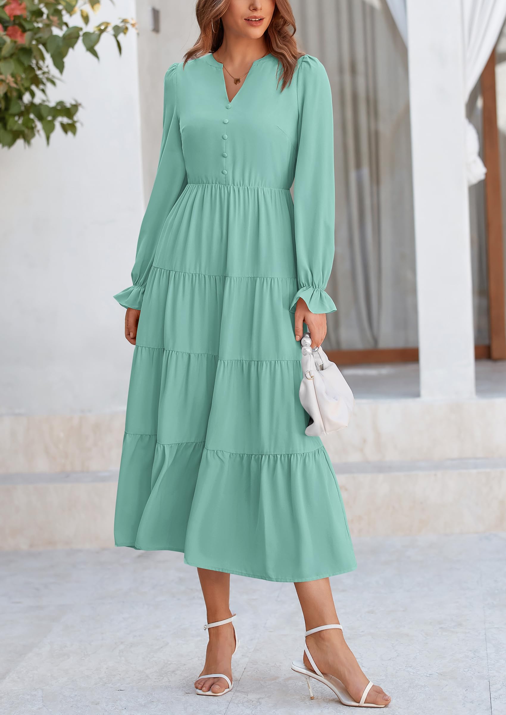 PRETTYGARDEN Women Fall Long Sleeve Smocked Maxi Dress Casual Square Neck Swiss Dot Tiered Ruffle Flowy Spring Pocket Dresses