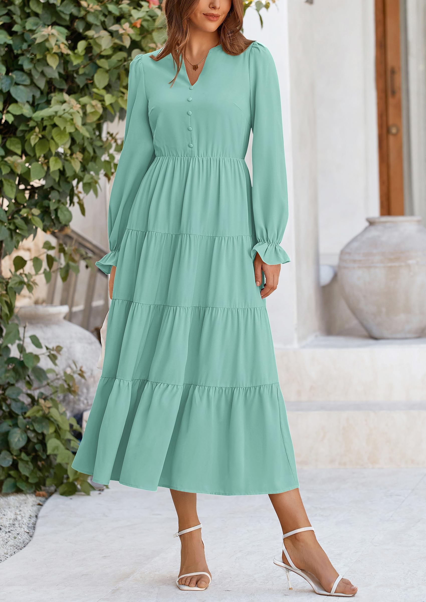 PRETTYGARDEN Women Fall Long Sleeve Smocked Maxi Dress Casual Square Neck Swiss Dot Tiered Ruffle Flowy Spring Pocket Dresses