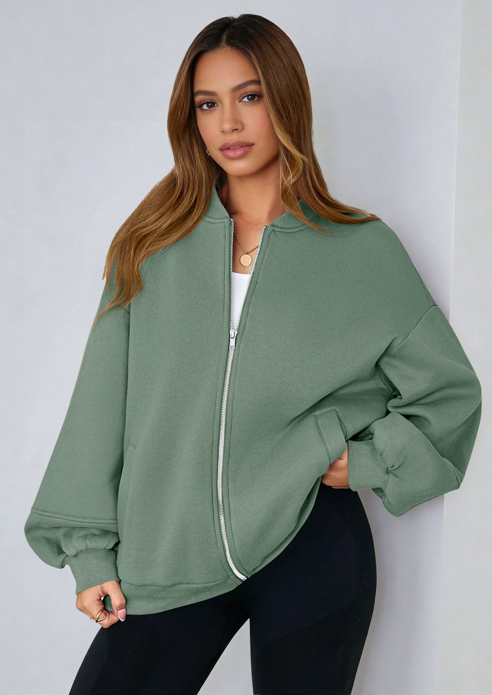 KIRUNDO Oversized Sweatshirt for Women Zip Up Bomber Jacket Fall Fashion Casual Long Sleeve Outerwear Winter Outfits