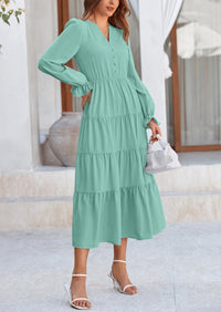 PRETTYGARDEN Women Fall Long Sleeve Smocked Maxi Dress Casual Square Neck Swiss Dot Tiered Ruffle Flowy Spring Pocket Dresses