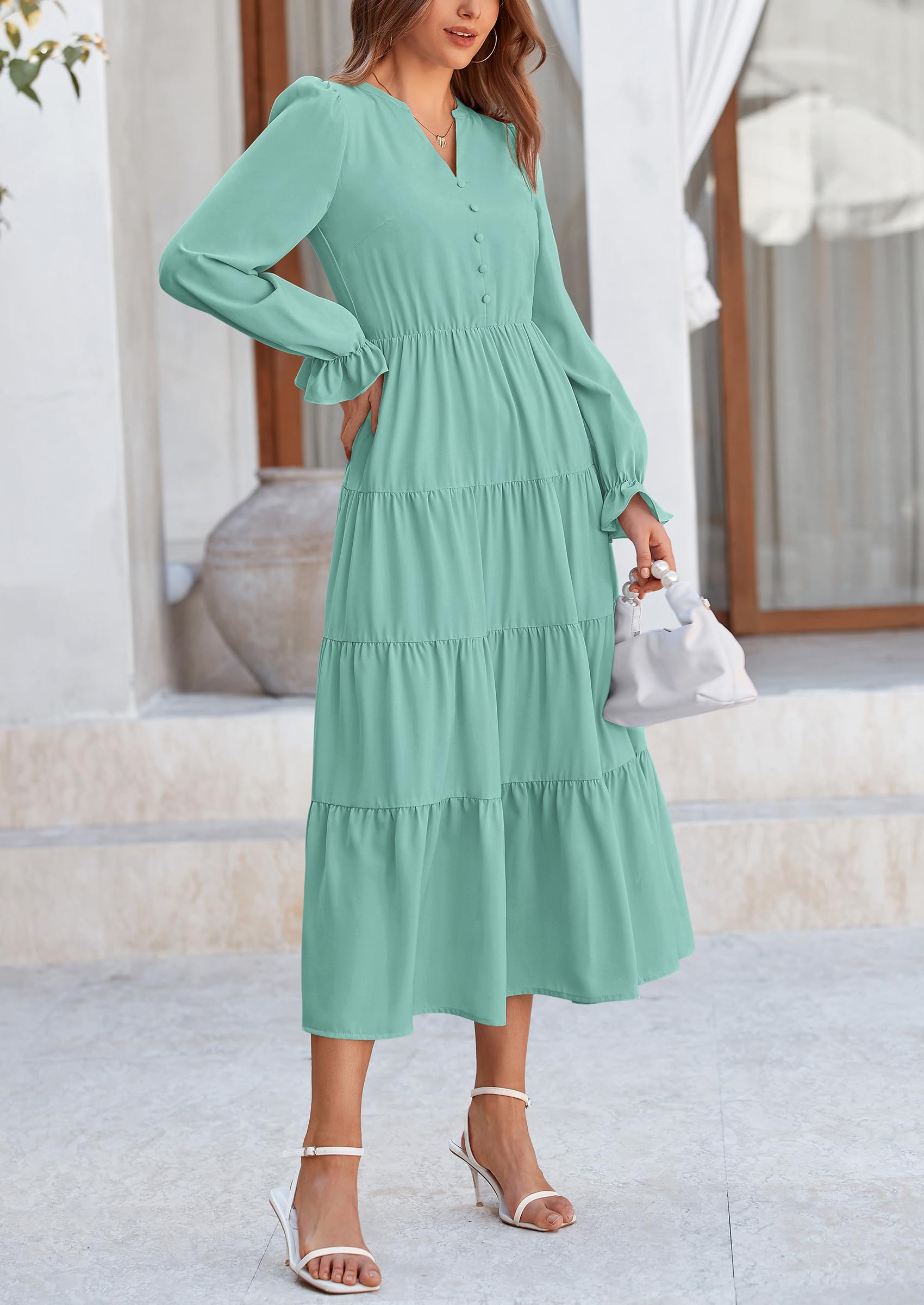 PRETTYGARDEN Women Fall Long Sleeve Smocked Maxi Dress Casual Square Neck Swiss Dot Tiered Ruffle Flowy Spring Pocket Dresses