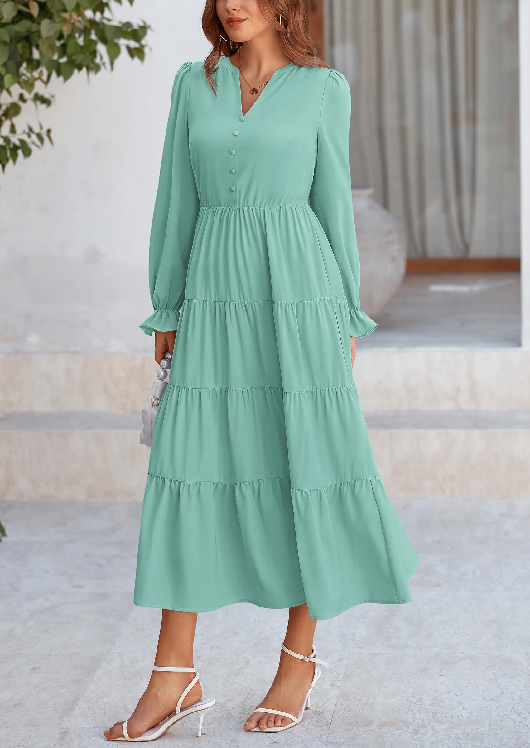 PRETTYGARDEN Women Fall Long Sleeve Smocked Maxi Dress Casual Square Neck Swiss Dot Tiered Ruffle Flowy Spring Pocket Dresses