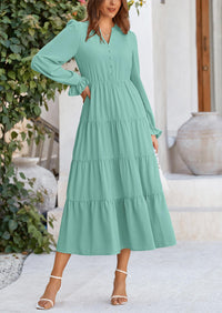 PRETTYGARDEN Women Fall Long Sleeve Smocked Maxi Dress Casual Square Neck Swiss Dot Tiered Ruffle Flowy Spring Pocket Dresses