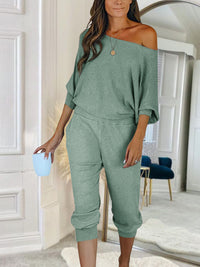PRETTYGARDEN Women's 2 Piece Ribbed Tracksuit Outfits Off Shoulder Long Sleeve Pullover Lounge Pants with Pockets