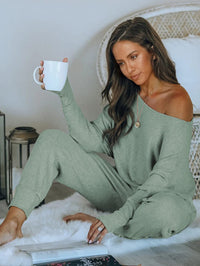 PRETTYGARDEN Women's 2 Piece Ribbed Tracksuit Outfits Off Shoulder Long Sleeve Pullover Lounge Pants with Pockets