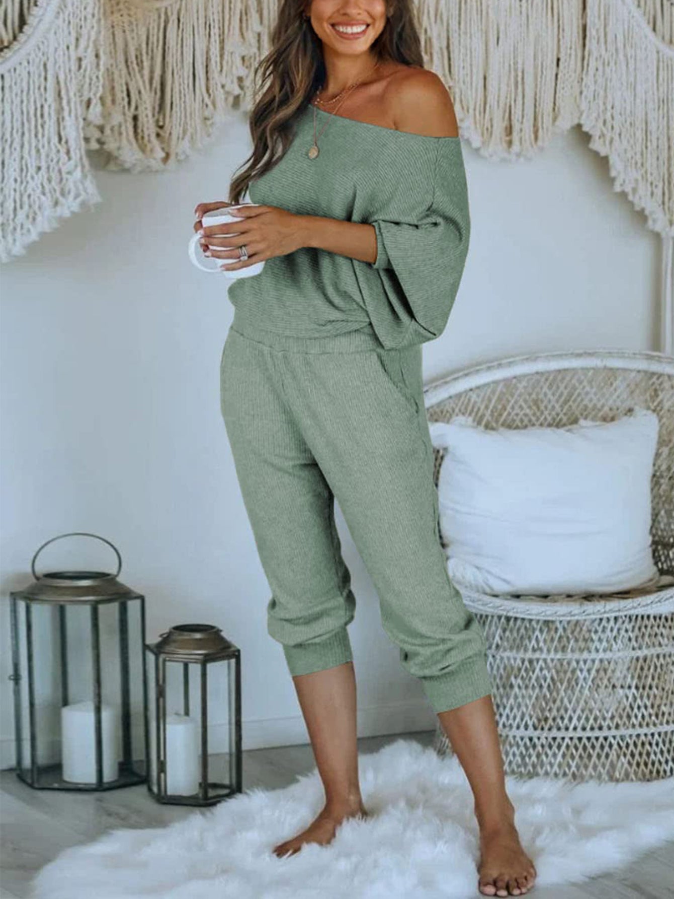 PRETTYGARDEN Women's 2 Piece Ribbed Tracksuit Outfits Off Shoulder Long Sleeve Pullover Lounge Pants with Pockets