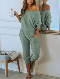 PRETTYGARDEN Women's 2 Piece Ribbed Tracksuit Outfits Off Shoulder Long Sleeve Pullover Lounge Pants with Pockets