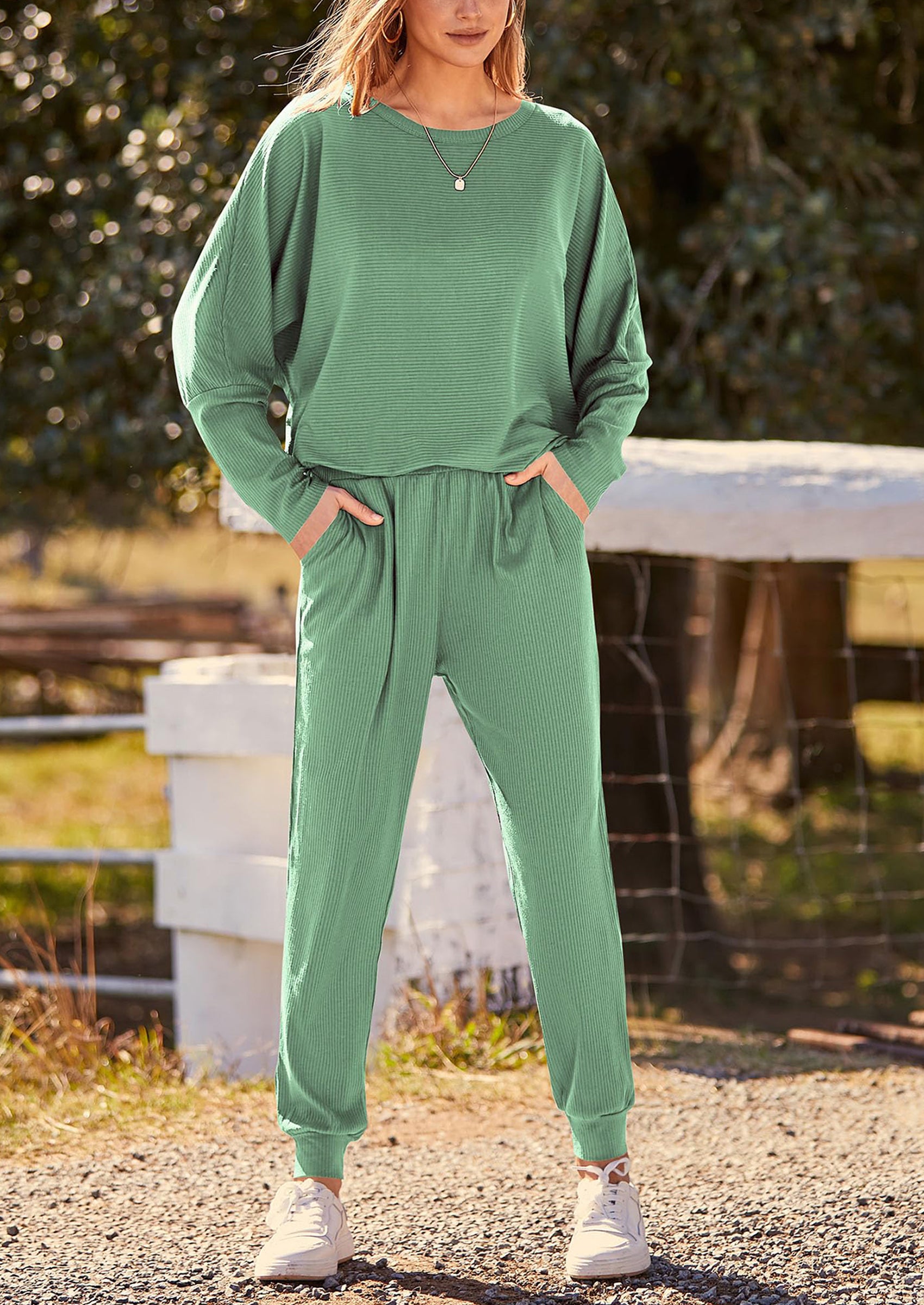 PRETTYGARDEN Women's Fall 2 Piece Lounge Set Long Sleeve Tops Ribbed Pants Spring Matching Sweatsuit Travel Outfits Clothes