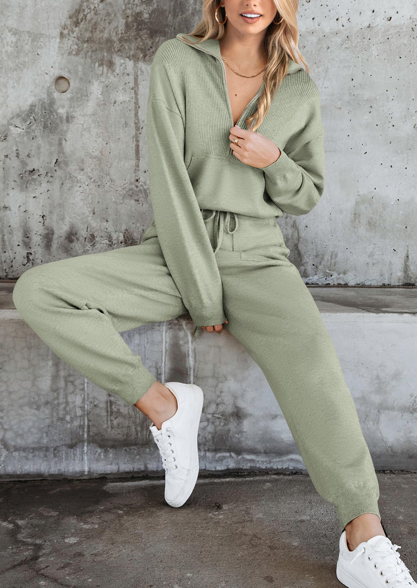 PRETTYGARDEN Women's 2 Piece Sweater Set Pullover Zip Up Sweatshirt Jogger Sweatpants Tracksuit Casual Outfit