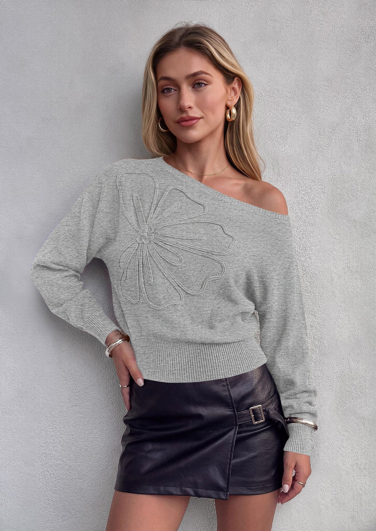 PRETTYGARDEN Women's Fall Off The Shoulder Sweater Tops   | 3D Flower Off Shoulder Sweater, Cinched Waist, Long Sleeve Cropped Sweaters, Knit Pullover Tops, Trendy Date Night Outfit