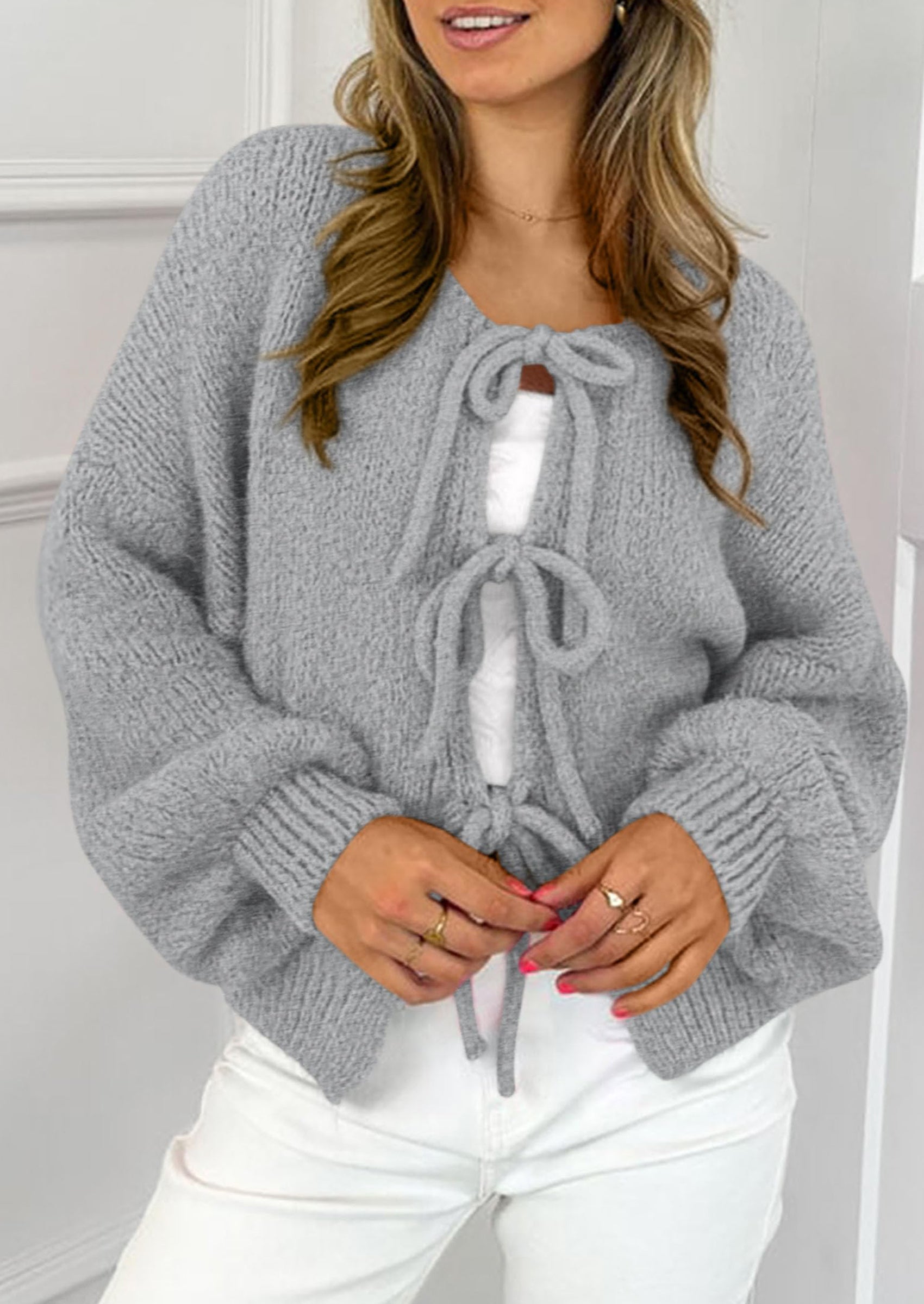 PRETTYGARDEN Women's Tie Front Bow Cardigan Sweaters Chunky Knit Long Puff Sleeve Trendy Fall Winter Jacket Coats