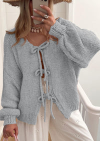 PRETTYGARDEN Women's Tie Front Bow Cardigan Sweaters Chunky Knit Long Puff Sleeve Trendy Fall Winter Jacket Coats