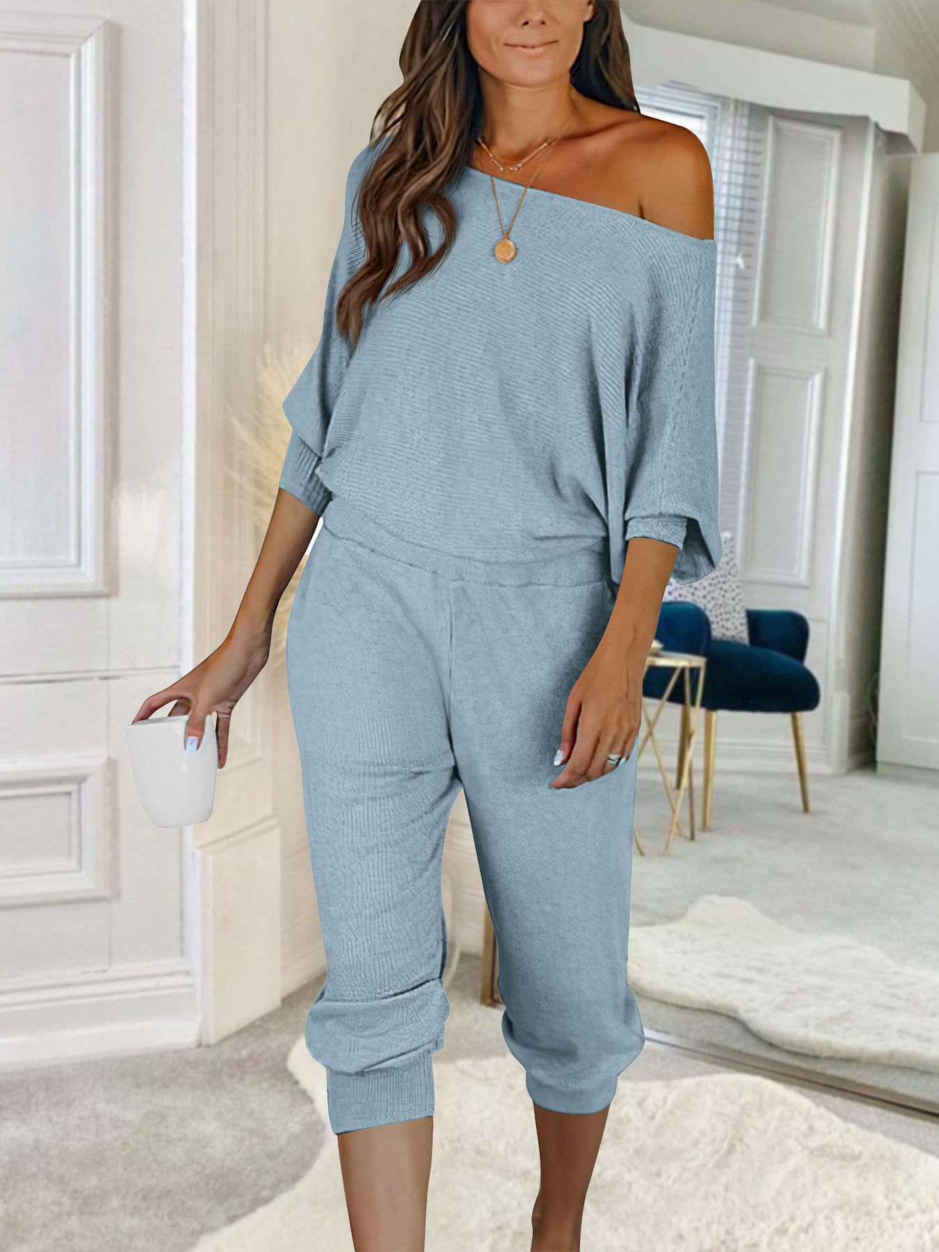 PRETTYGARDEN Women's 2 Piece Ribbed Tracksuit Outfits Off Shoulder Long Sleeve Pullover Lounge Pants with Pockets