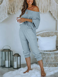 PRETTYGARDEN Women's 2 Piece Ribbed Tracksuit Outfits Off Shoulder Long Sleeve Pullover Lounge Pants with Pockets