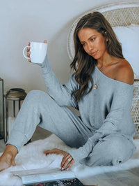 PRETTYGARDEN Women's 2 Piece Ribbed Tracksuit Outfits Off Shoulder Long Sleeve Pullover Lounge Pants with Pockets