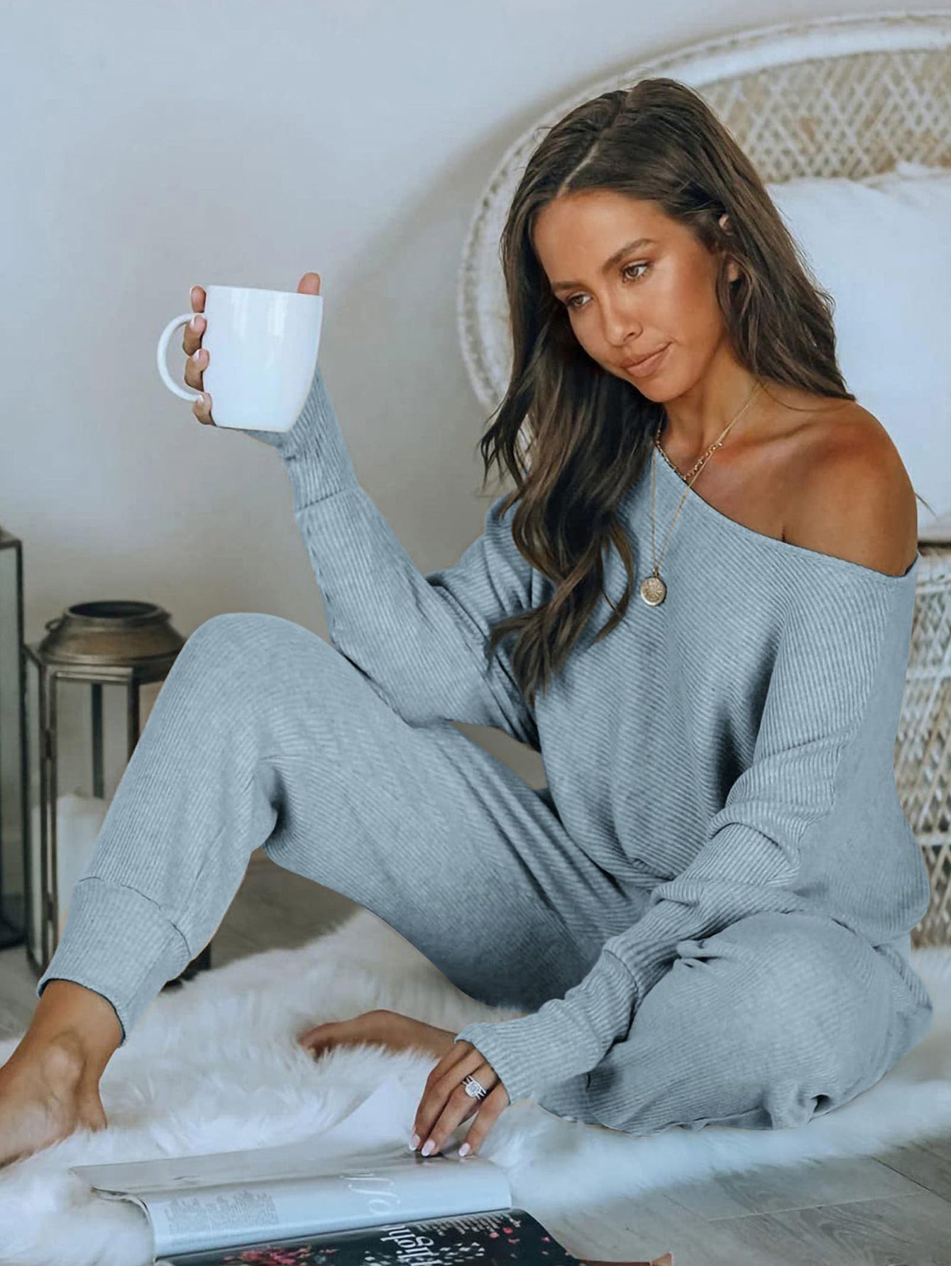 PRETTYGARDEN Women's 2 Piece Ribbed Tracksuit Outfits Off Shoulder Long Sleeve Pullover Lounge Pants with Pockets