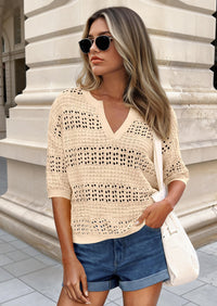 PRETTYGARDEN Womens Crochet Tops Casual Cotton Hollow Out Knit Short Sleeve Oversized Sweater for Women Summer Beach Cover Up PRETTYGARDEN