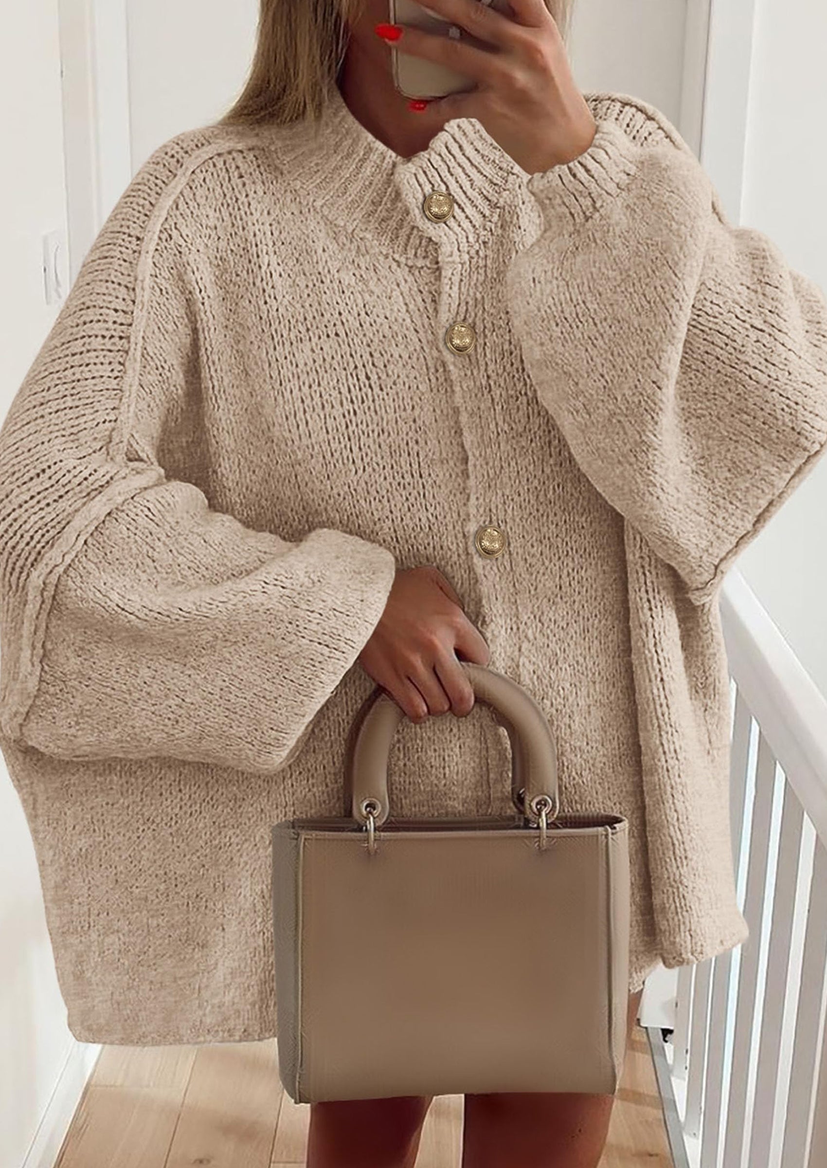 PRETTYGARDEN Women's Winter Button Down Cardigan Sweaters Mock Neck Lantern Long Sleeve Chunky Knit Jacket Trendy Outerwear