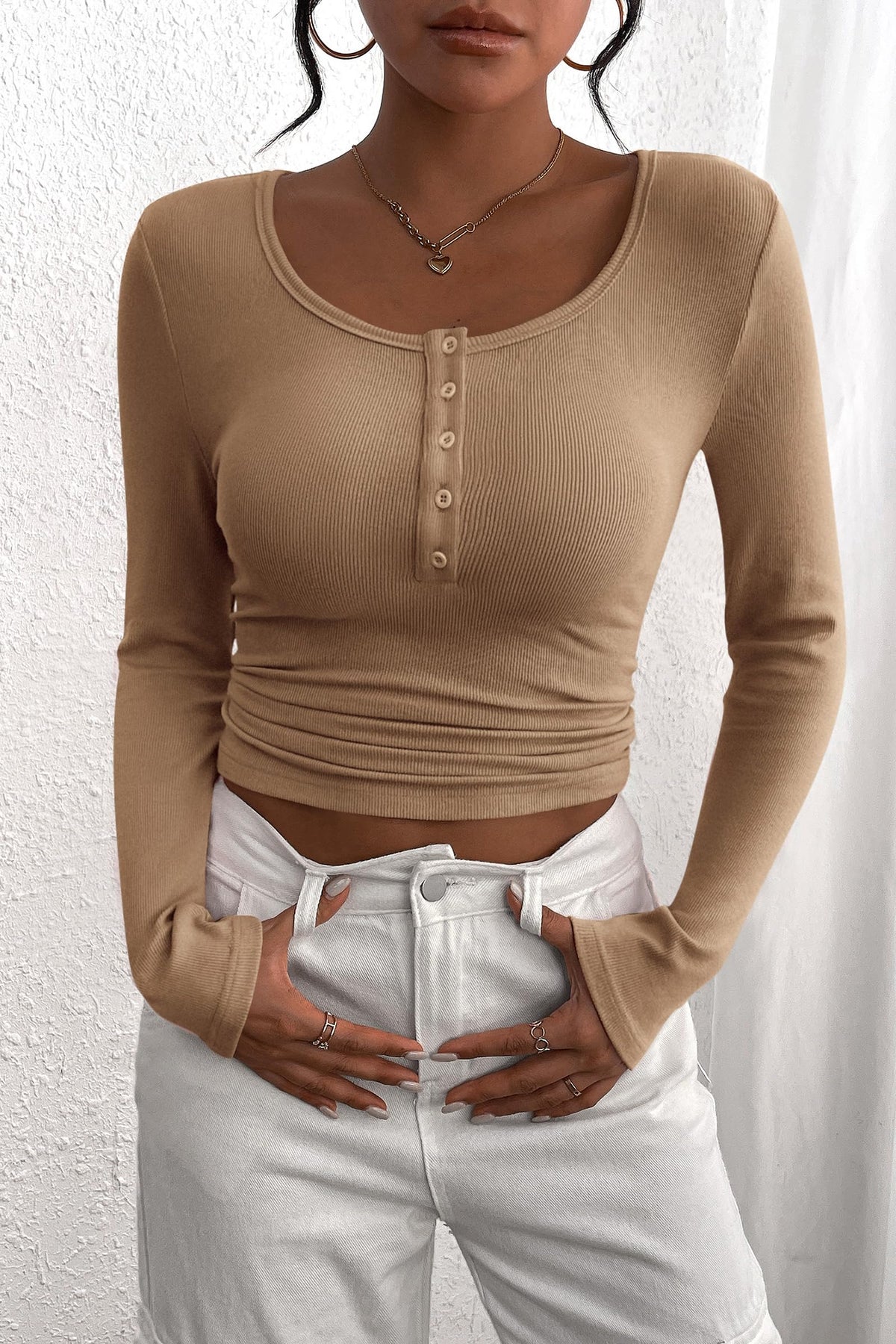 Long Sleeve Henley T Shirts Button Down Ribbed Knit Slim Fit Casual Basic Tops Blouse