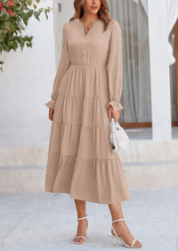 PRETTYGARDEN Women Fall Long Sleeve Smocked Maxi Dress Casual Square Neck Swiss Dot Tiered Ruffle Flowy Spring Pocket Dresses