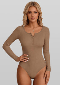 PRETTYGARDEN Long Sleeve Bodysuits for Women Ribbed Knit Henley Button Up Slim Fitted Basic Tops Winter Fashion Clothing