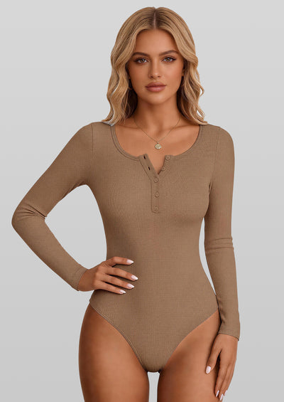 PRETTYGARDEN Long Sleeve Bodysuits for Women Ribbed Knit Henley Button Up Slim Fitted Basic Tops Winter Fashion Clothing