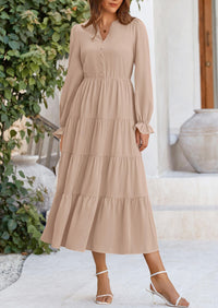 PRETTYGARDEN Women Fall Long Sleeve Smocked Maxi Dress Casual Square Neck Swiss Dot Tiered Ruffle Flowy Spring Pocket Dresses