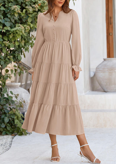 PRETTYGARDEN Women Fall Long Sleeve Smocked Maxi Dress Casual Square Neck Swiss Dot Tiered Ruffle Flowy Spring Pocket Dresses