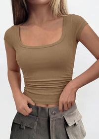 PRETTYGARDEN Womens Cap Sleeve T Shirts Square Neck Basic Tees Slim Fit Ribbed Knit Spring Going Out Tops Summer Clothes PRETTYGARDEN