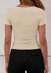 PRETTYGARDEN Womens Summer Tops Cute Cowl Neck Short Sleeve Shirts Ribbed Knit Fitted Crop Top Spring Ruched Blouse PRETTYGARDEN