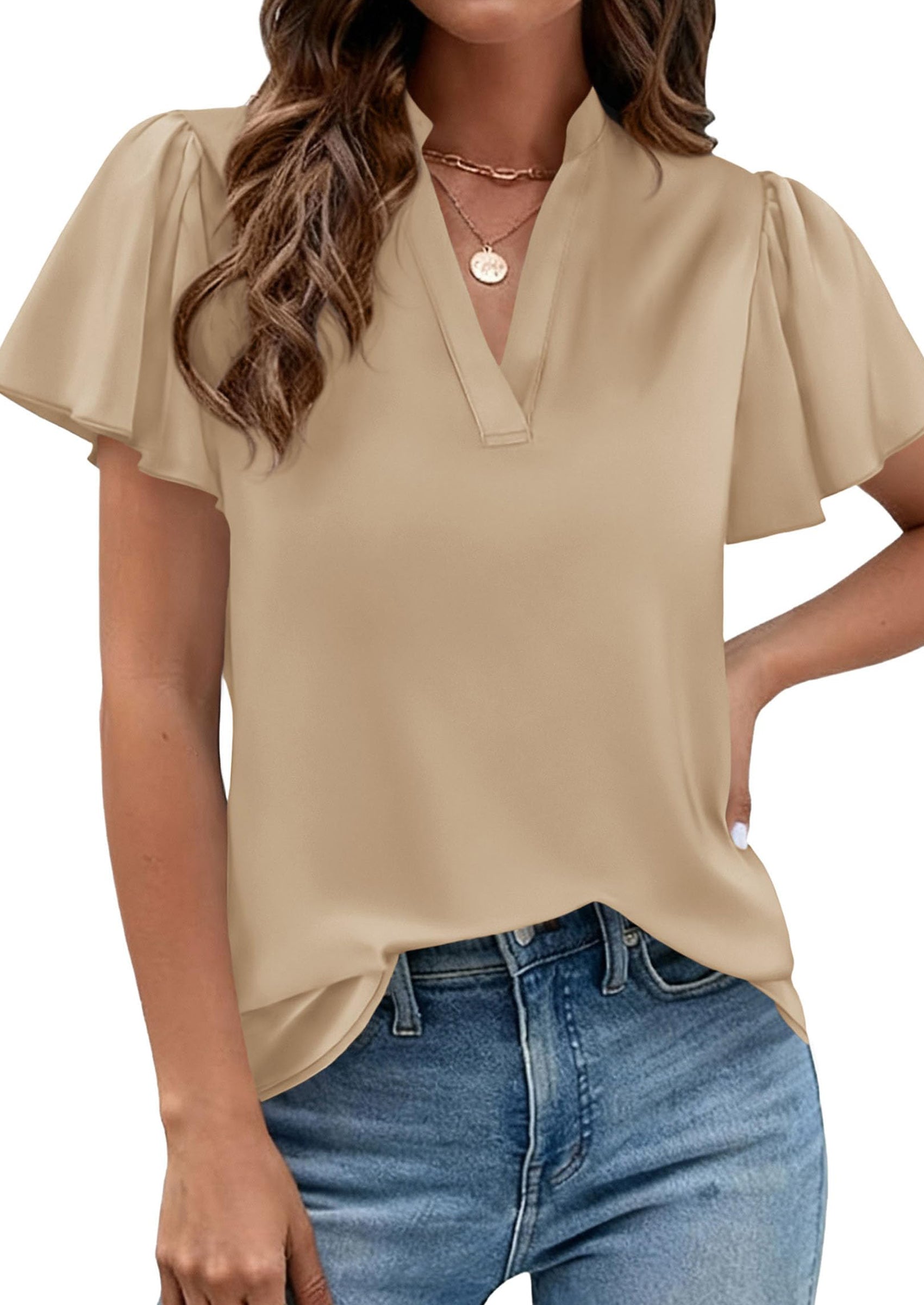 PRETTYGARDEN Women's Summer Blouses Dressy Casual Ruffle Cap Sleeve V Neck Business Work Trendy Cute Tops Spring Outfits PRETTYGARDEN