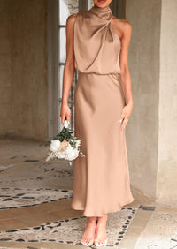 PRETTYGARDEN Women's Summer Satin Dress Elegant Sleeveless Mock Neck Cocktail Party Maxi Dresses