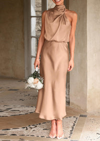 PRETTYGARDEN Women's Summer Satin Dress Elegant Sleeveless Mock Neck Cocktail Party Maxi Dresses