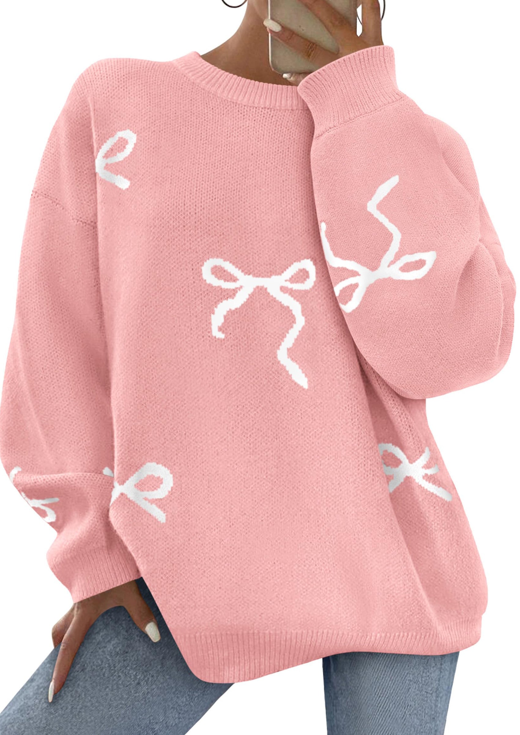 PRETTYGARDEN Fall Long Sleeve Pullover Sweaters for Women Trendy Crewneck Casual Cute Bow Chunky Knit Oversized Sweater