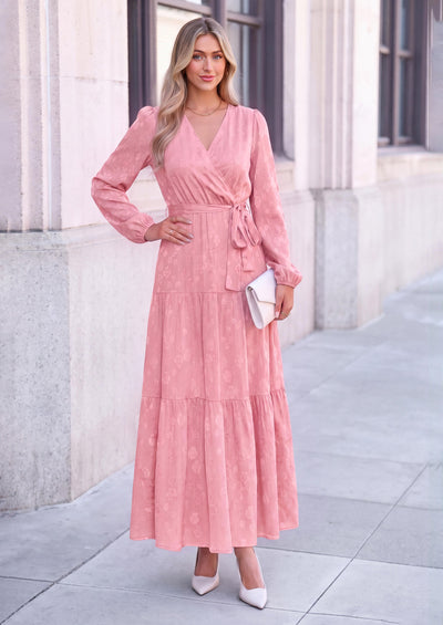 PRETTYGARDEN Womens Long Sleeve Boho Floral Wrap Maxi Dress  Fall Wedding Guest Dresses 2026, Chiffon Flowy Long Dresses, Casual Tie Waist V Neck Dress, Modest A Line Ruffle Tiered Dress