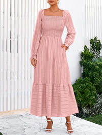 BTFBM Women Maxi Fall Dresses Long Sleeve Solid Color Square Neck Smocked Boho Long Wedding Guest Dress