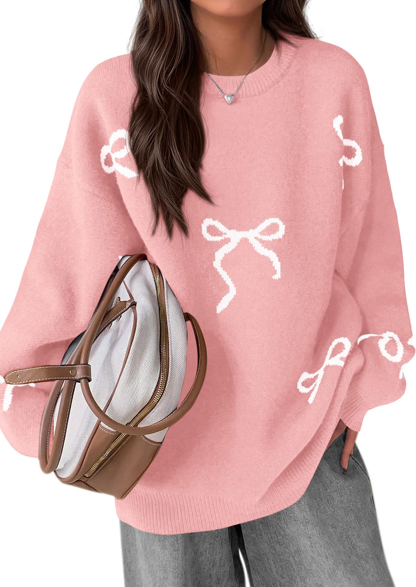 PRETTYGARDEN Fall Long Sleeve Pullover Sweaters for Women Trendy Crewneck Casual Cute Bow Chunky Knit Oversized Sweater