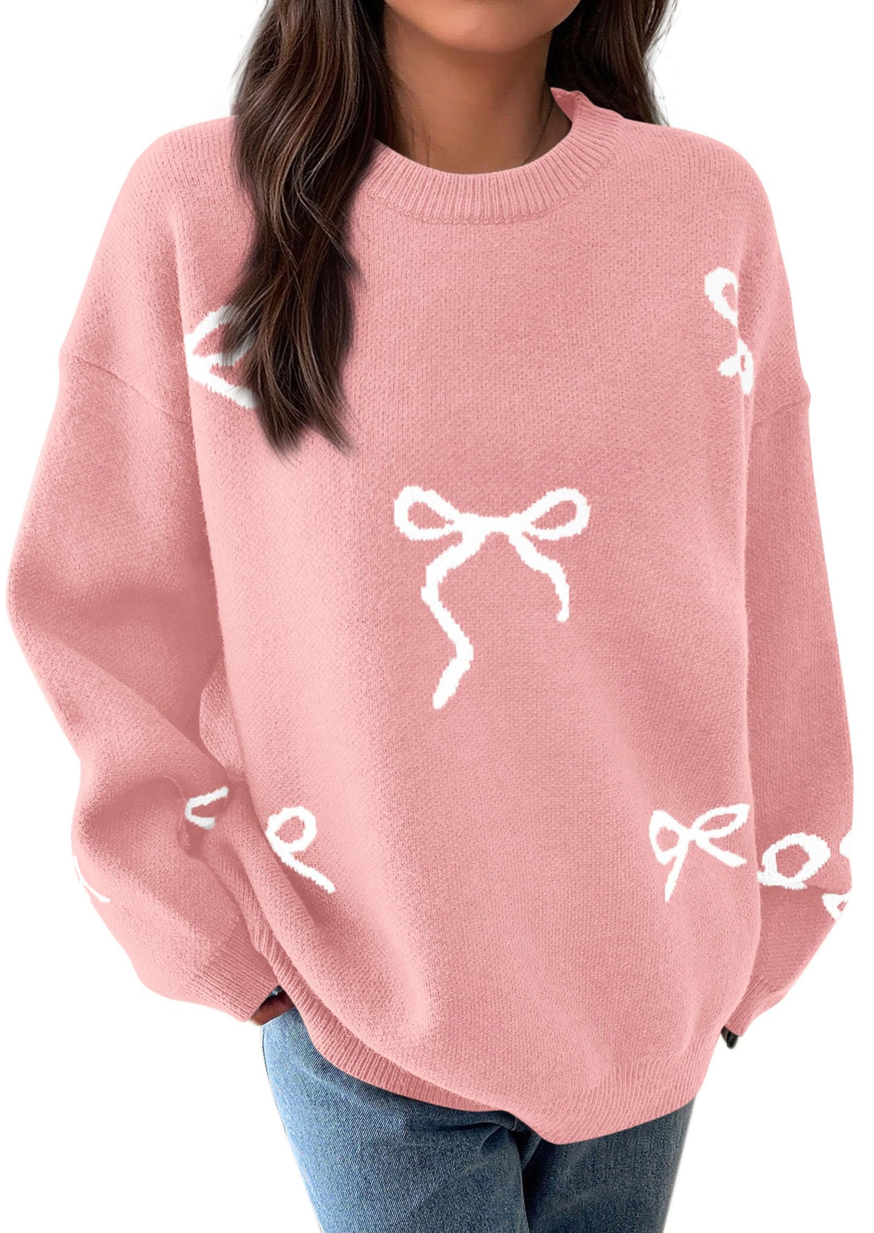 PRETTYGARDEN Fall Long Sleeve Pullover Sweaters for Women Trendy Crewneck Casual Cute Bow Chunky Knit Oversized Sweater