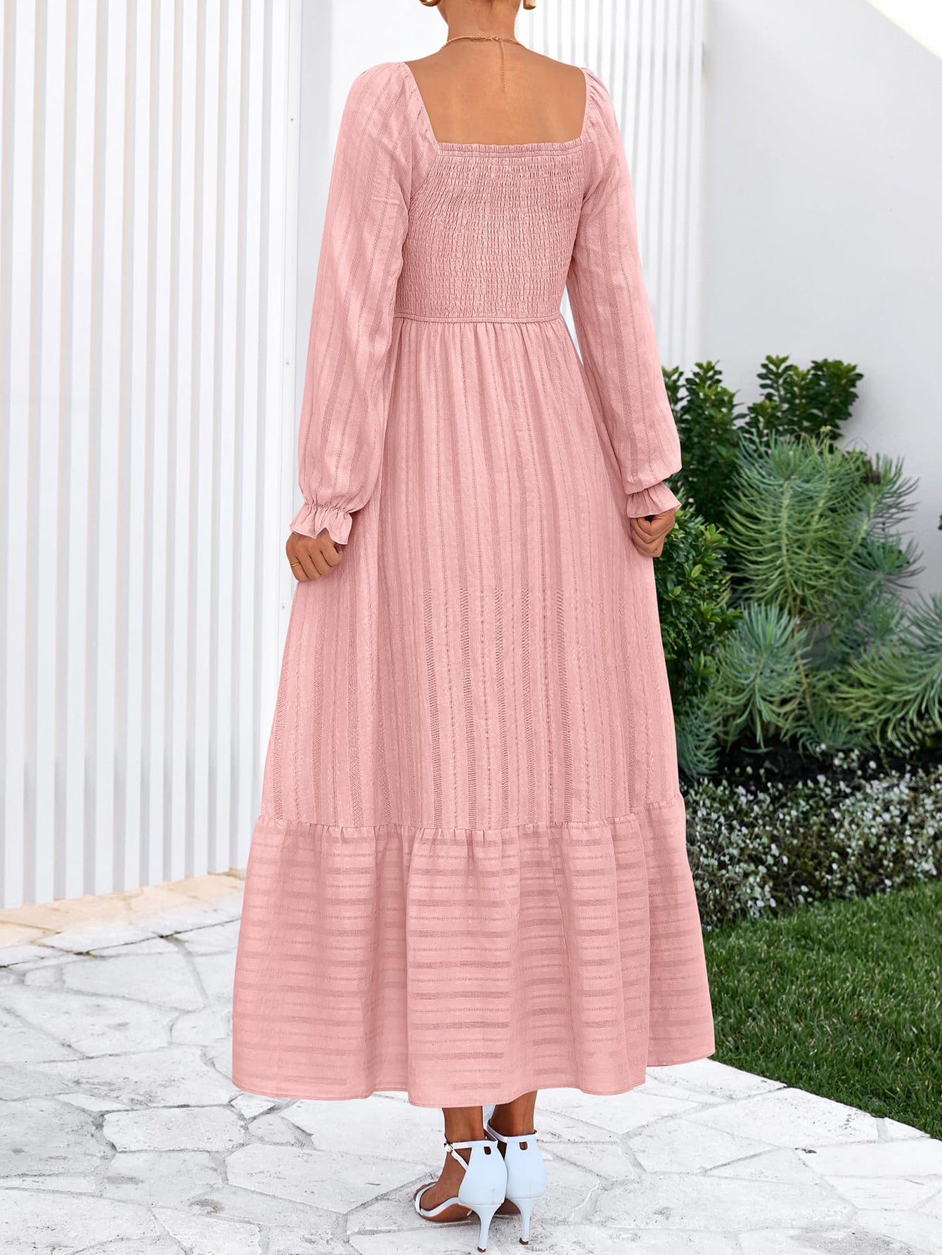 BTFBM Women Maxi Fall Dresses Long Sleeve Solid Color Square Neck Smocked Boho Long Wedding Guest Dress